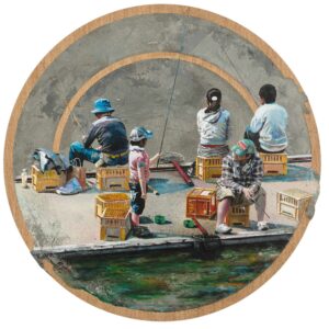 Ichigaya Vue du Métro<br>
Diamètre ø 130 cm - Ciment, résine, acrylique, plaquage chêne sur toile et bois <br>
<span style="color: darkgreen";>DISPONIBLE</span>
